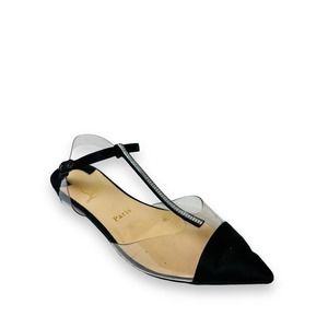 Christian Louboutin Black Pointed T-Strap Flats with Clear Panels